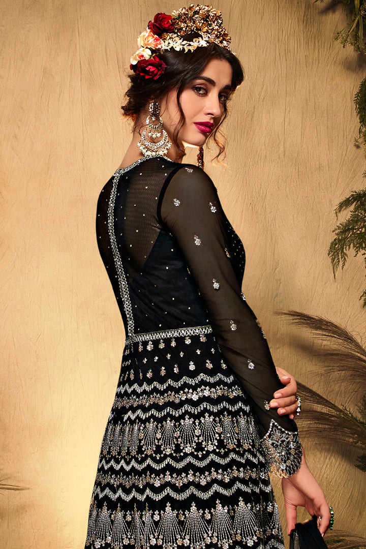 Net Fabric Wedding Wear Embroidered Anarkali Salwar Suit In Black Color