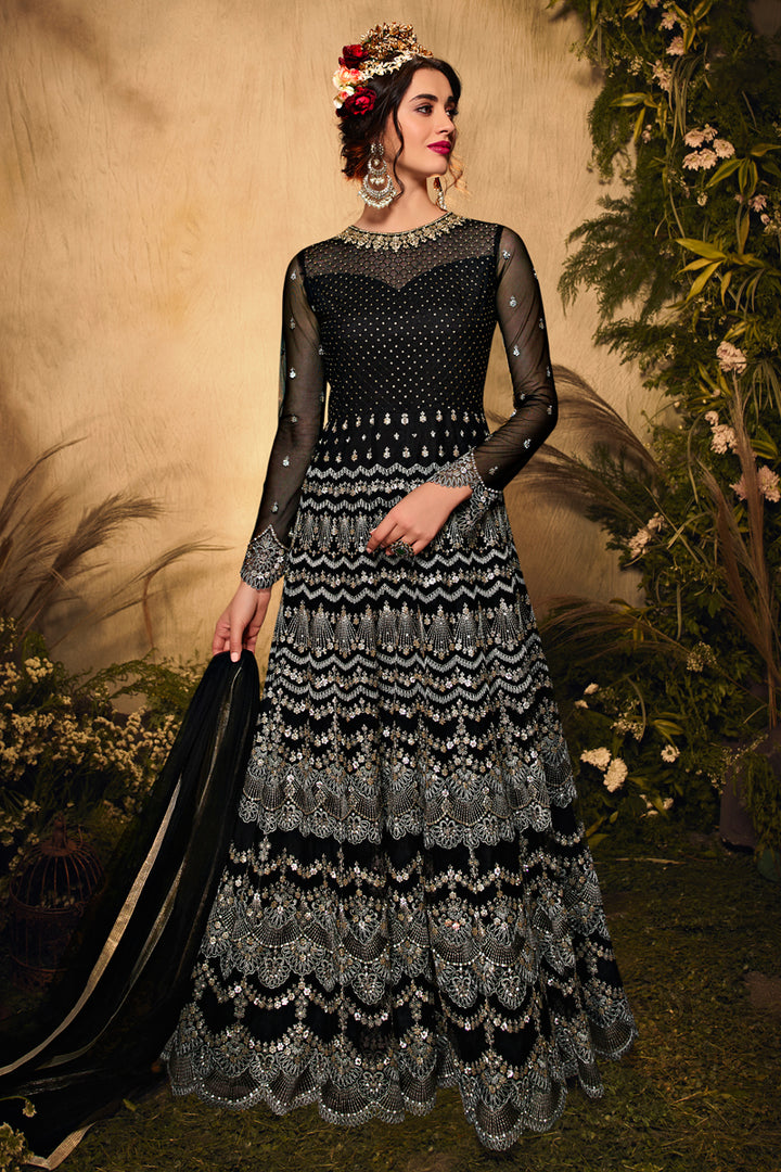 Net Fabric Wedding Wear Embroidered Anarkali Salwar Suit In Black Color