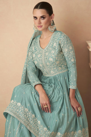 Embroidered Chinon Silk Fabric Readymade Palazzo Suit In Sea Green Color