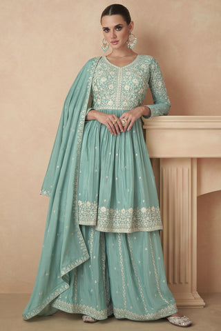 Embroidered Chinon Silk Fabric Readymade Palazzo Suit In Sea Green Color