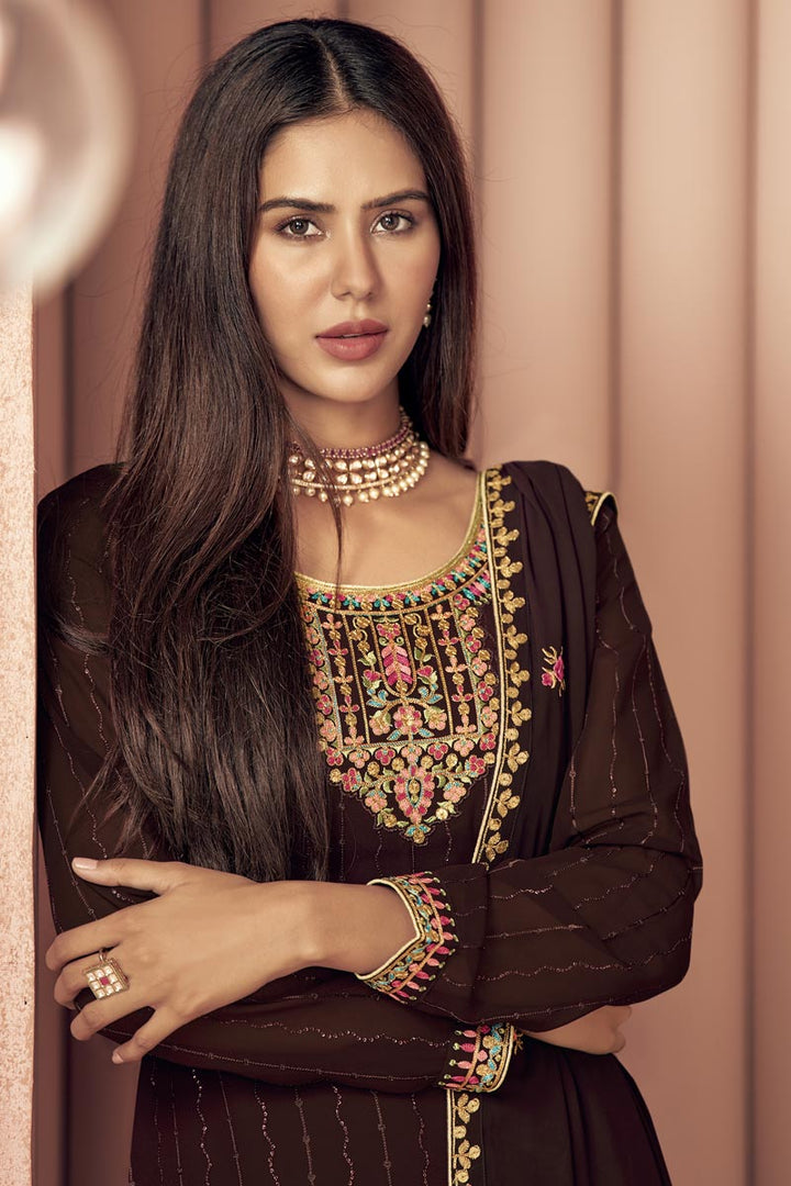 Georgette Fabric Function Wear Brown Color Embroidered Designer Salwar Suit