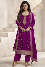 Load image into Gallery viewer, Nidhi Shah Festive Wear Embroidered Purple Salwar Suit In Georgette Silk Fabric
