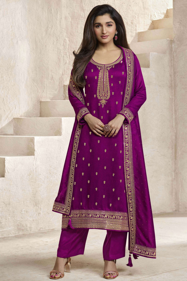 Nidhi Shah Festive Wear Embroidered Purple Salwar Suit In Georgette Silk Fabric