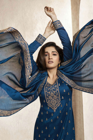 Nidhi Shah Georgette Silk Fabric Embroidered Salwar Kameez In Navy Blue Color