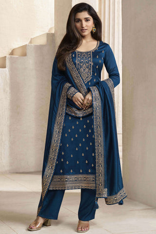 Nidhi Shah Georgette Silk Fabric Embroidered Salwar Kameez In Navy Blue Color