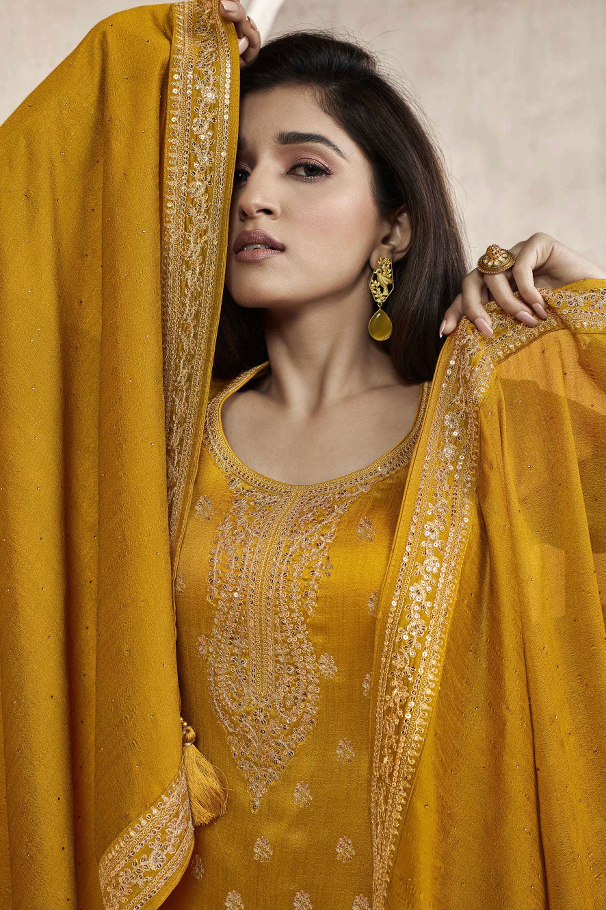 Nidhi Shah Mustard Color Salwar Kameez In Georgette Silk Fabric