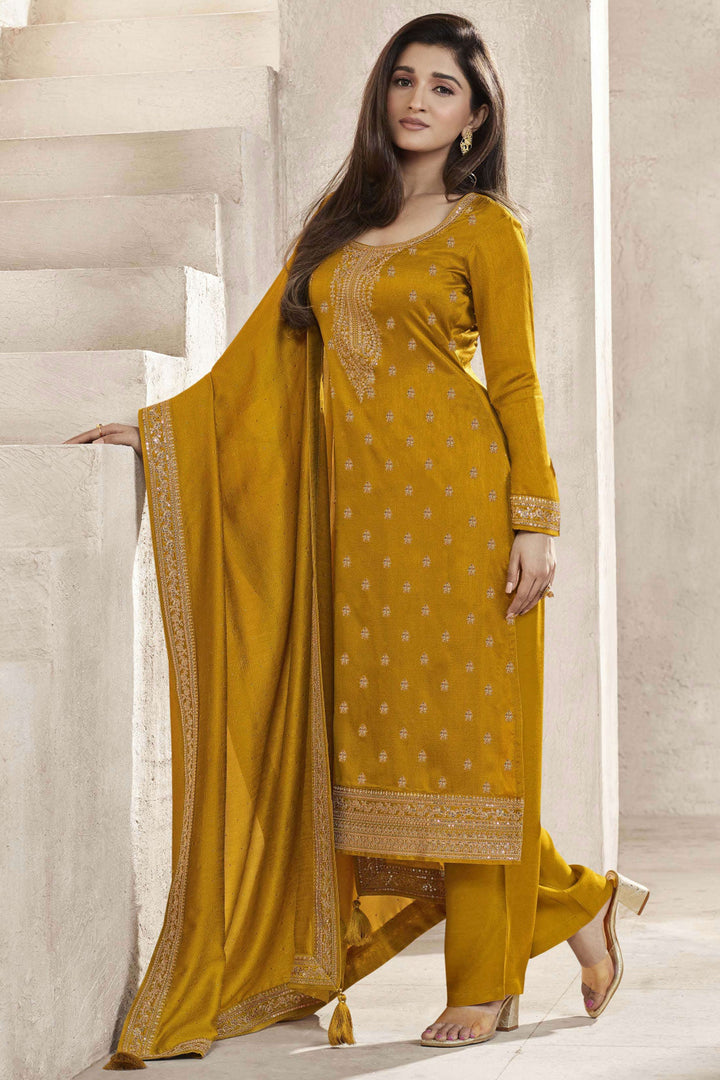 Nidhi Shah Mustard Color Salwar Kameez In Georgette Silk Fabric