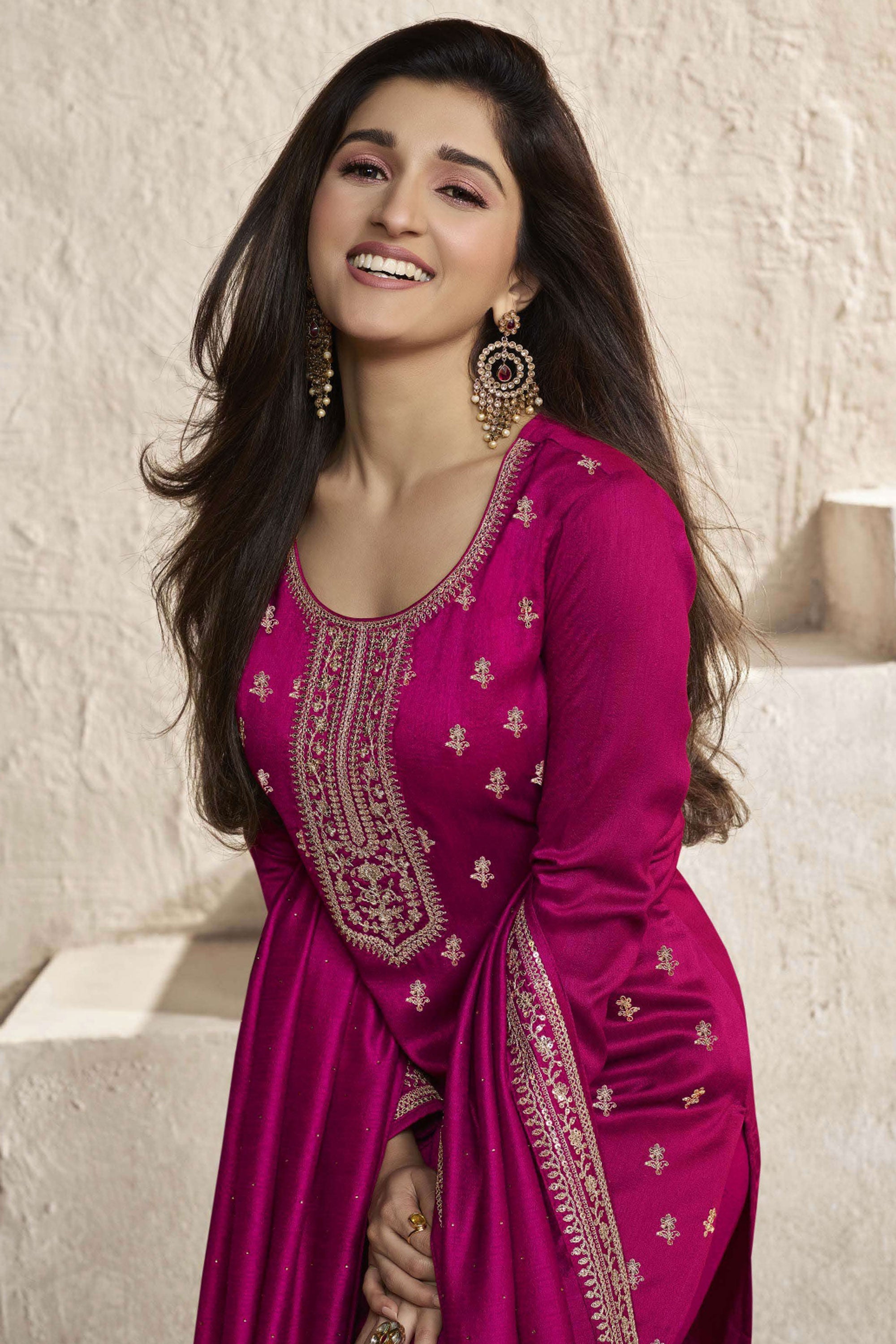 Nidhi Shah Embroidered Georgette Silk Fabric Rani Color Suit