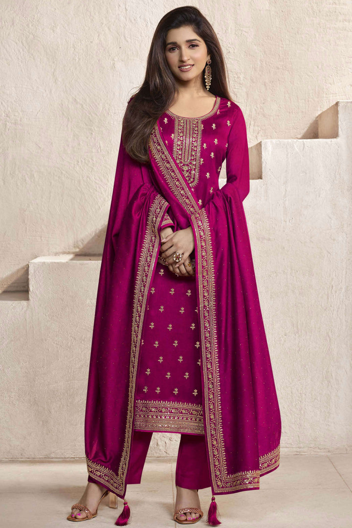 Nidhi Shah Embroidered Georgette Silk Fabric Rani Color Suit