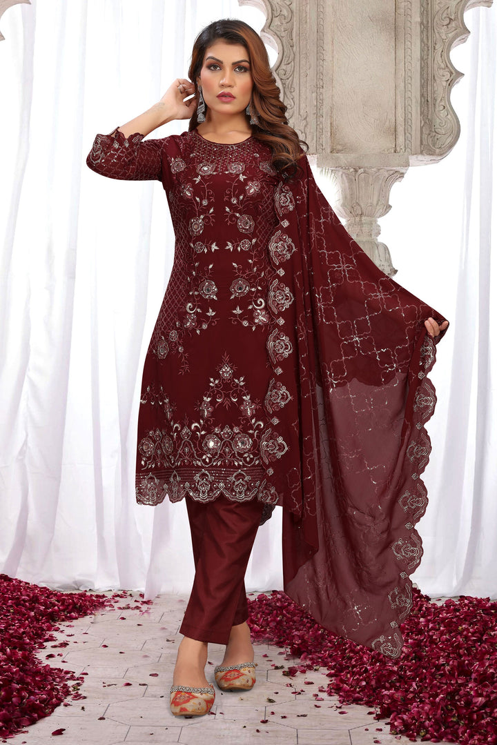 Maroon Color Georgette Fabric Adorming Embroidered Sequins Work Salwar Suit | Buy Online India