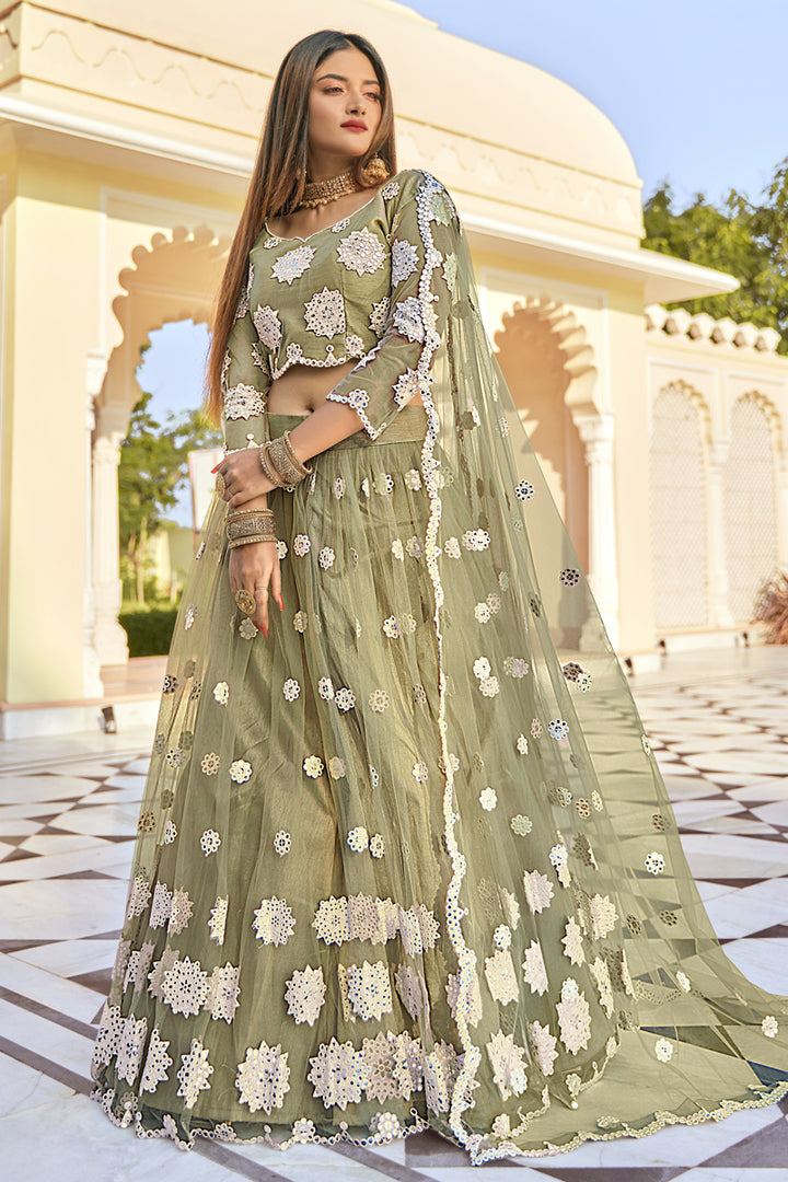 Net Fabric Embroidered Wedding Wear Designer Lehenga Choli In Khaki Color