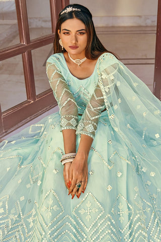 Designer Embroidered Wedding Wear Lehenga Choli In Light Cyan Color Net Fabric