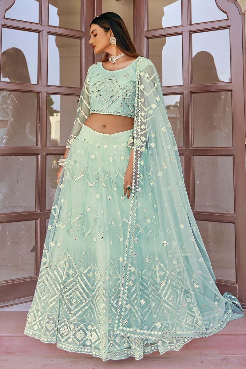 Designer Embroidered Wedding Wear Lehenga Choli In Light Cyan Color Net Fabric