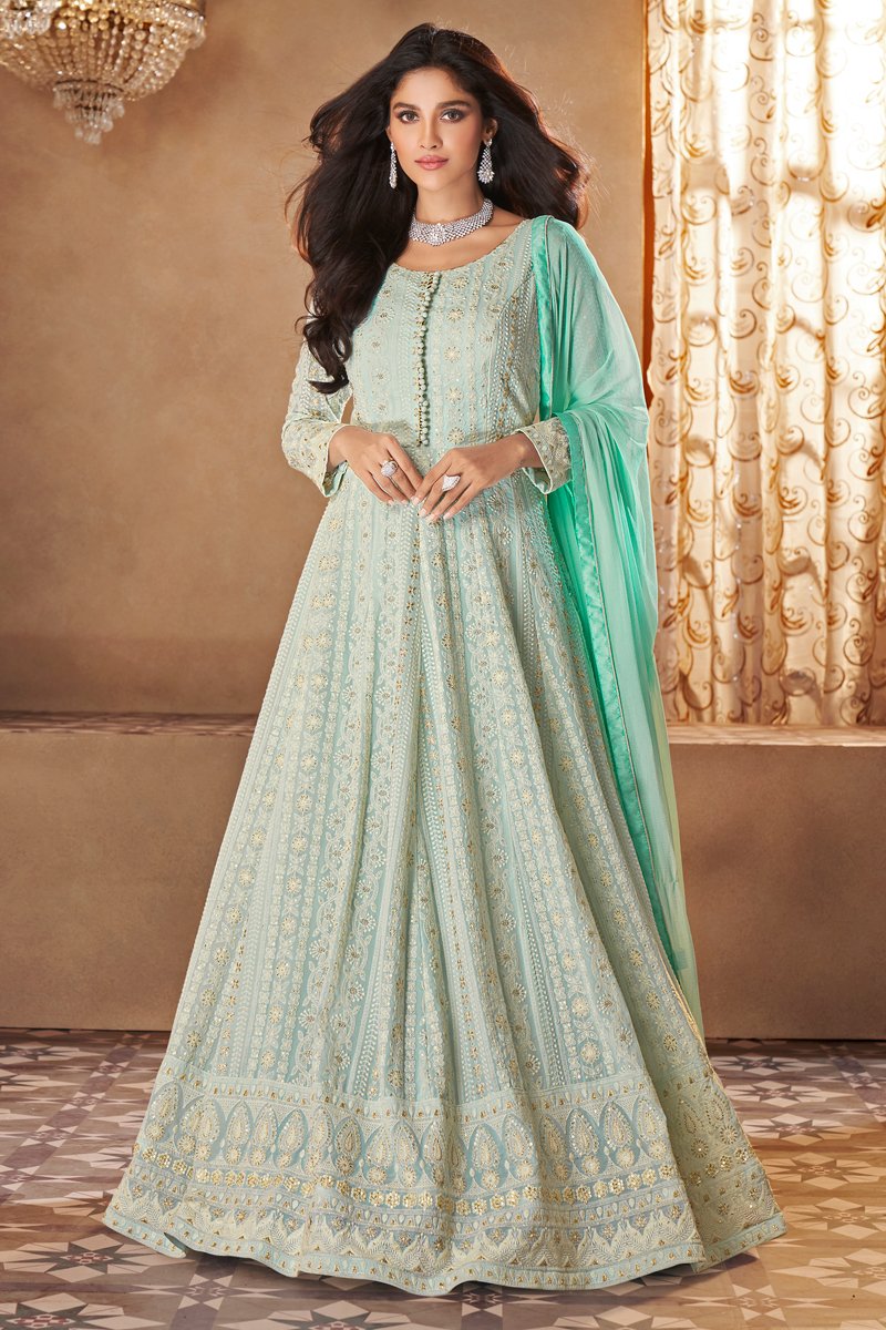 Light Cyan Color Function Wear Trendy EmbroideLight Cyan Gown Style Anarkali Suit
