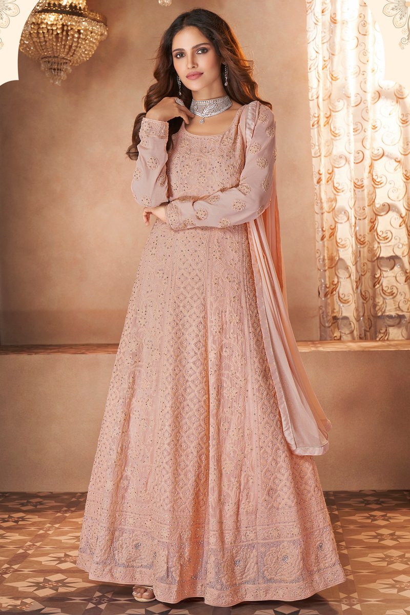 Function Wear Trendy EmbroidePeach Gown Style Anarkali Dress In Peach Color