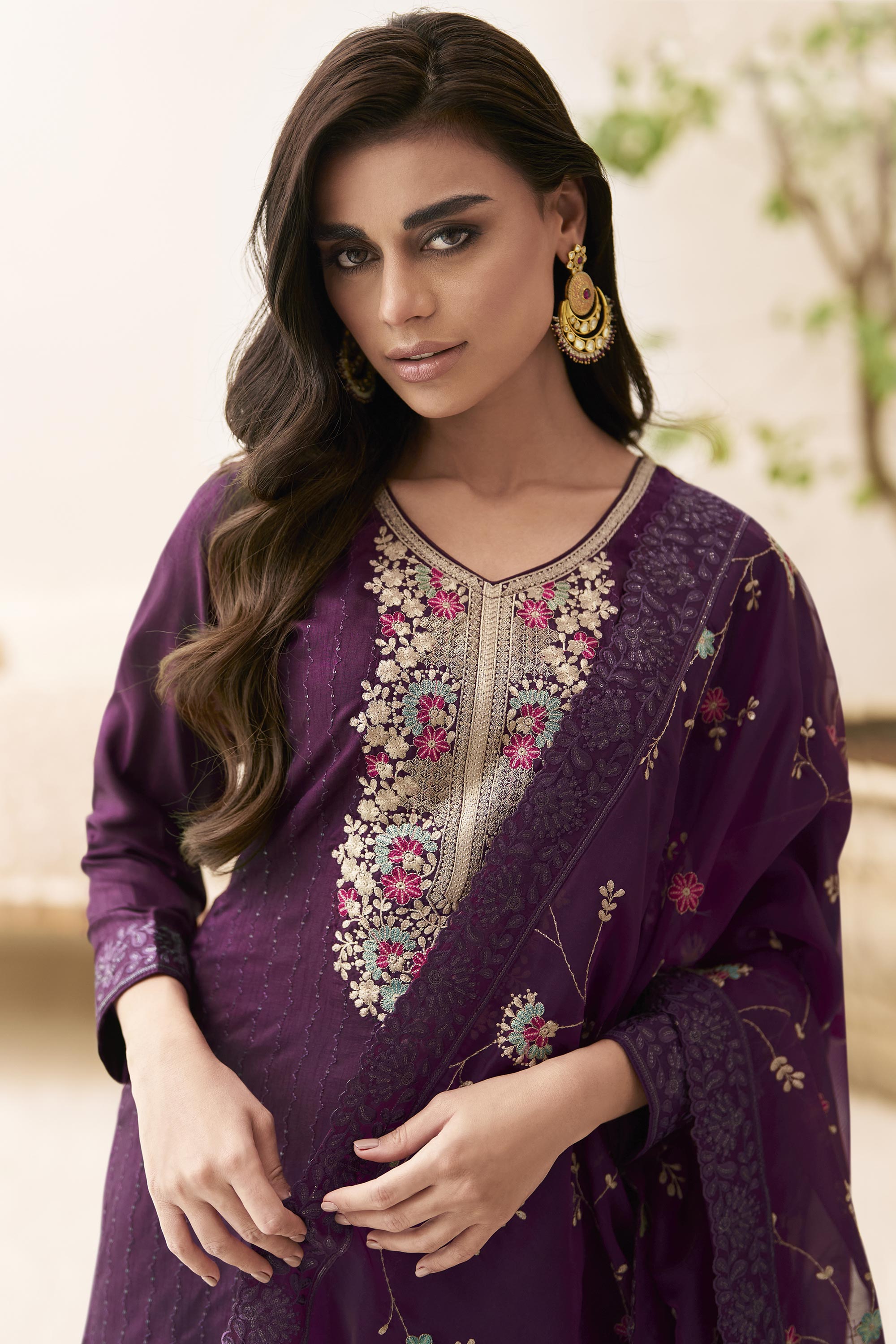 Art Silk Fabric Purple Color Embroidered Function Wear Palazzo Salwar Suit