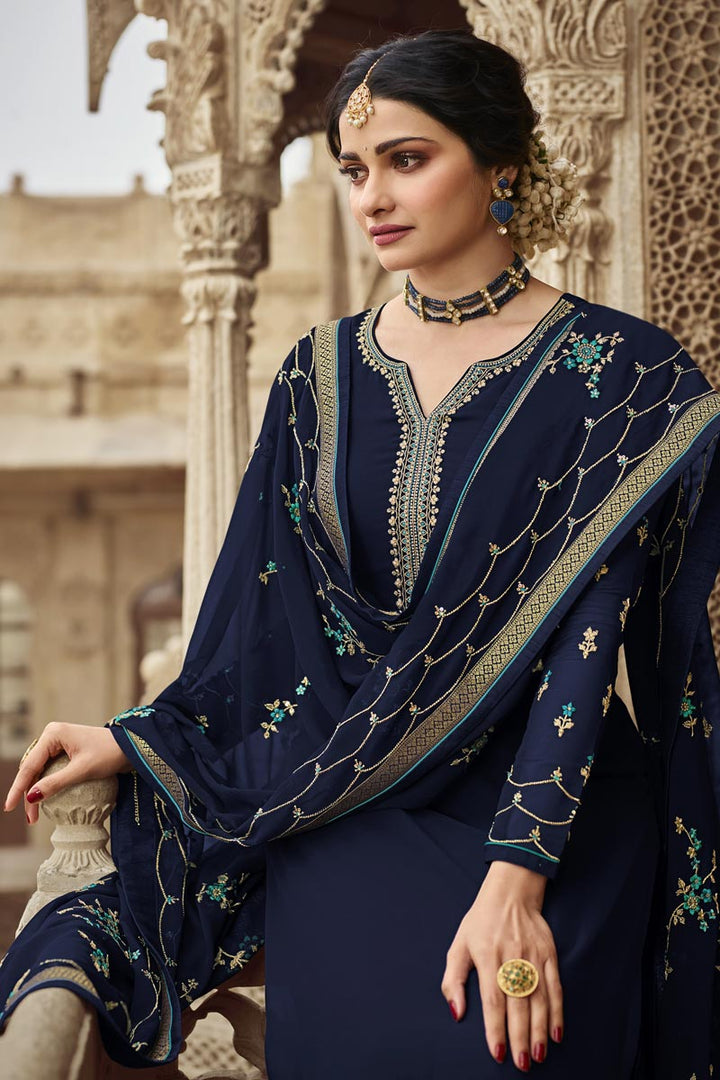 Prachi Desai Georgette Fabric Party Wear Navy Blue Color Designer Embroidered Palazzo Suit