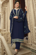 Load image into Gallery viewer, Prachi Desai Georgette Fabric Party Wear Navy Blue Color Designer Embroidered Palazzo Suit
