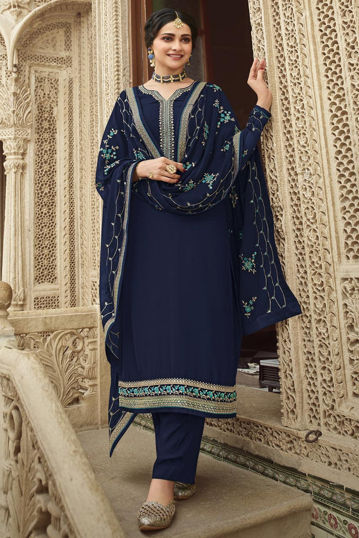 Prachi Desai Georgette Fabric Party Wear Navy Blue Color Designer Embroidered Palazzo Suit