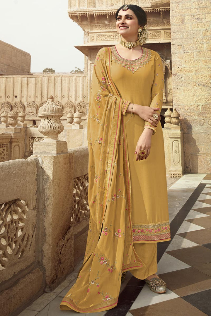 Prachi Desai Georgette Fabric Wedding Wear Embroidered Palazzo Suit In Yellow Color