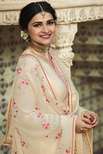 Load image into Gallery viewer, Prachi Desai Georgette Fabric Festive Wear Designer Embroidered Beige Color Palazzo Suit
