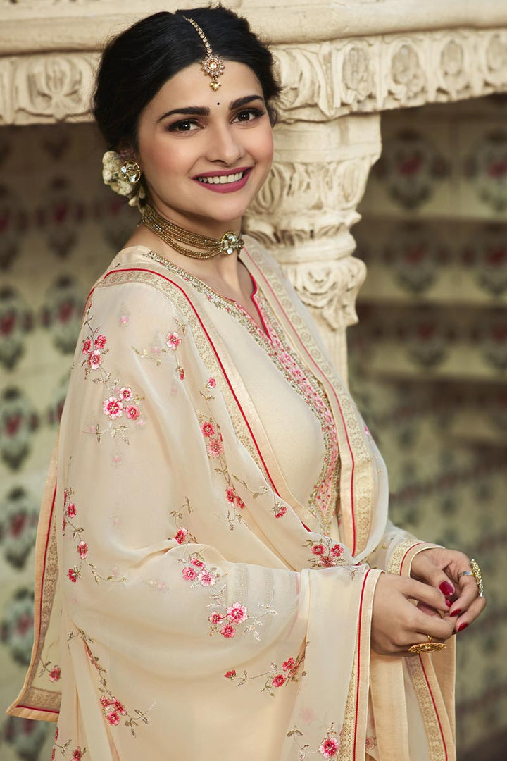 Prachi Desai Georgette Fabric Festive Wear Designer Embroidered Beige Color Palazzo Suit