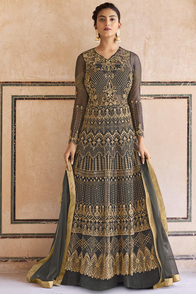 Glamorous Grey Net Fabric Embroidered Anarkali Salwar Suit