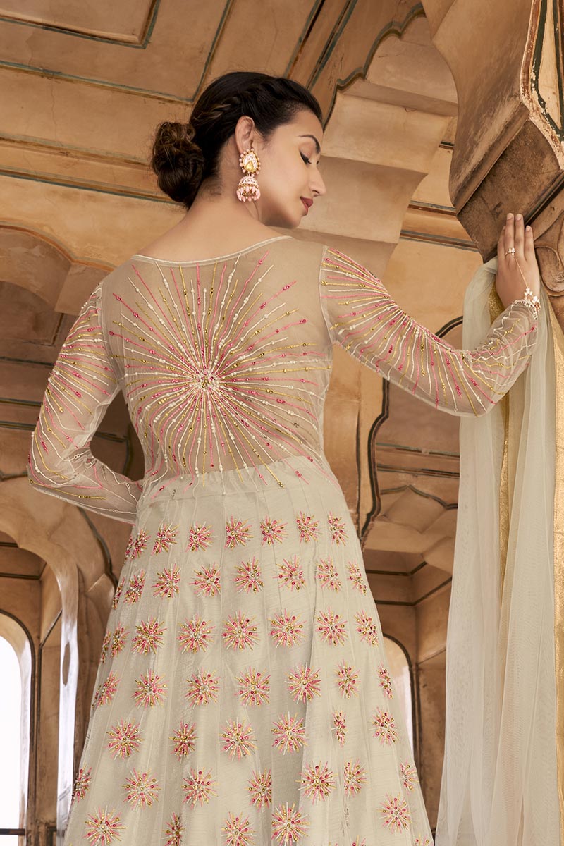 Striking Embroidered Beige Color Net Anarkali Salwar Suit