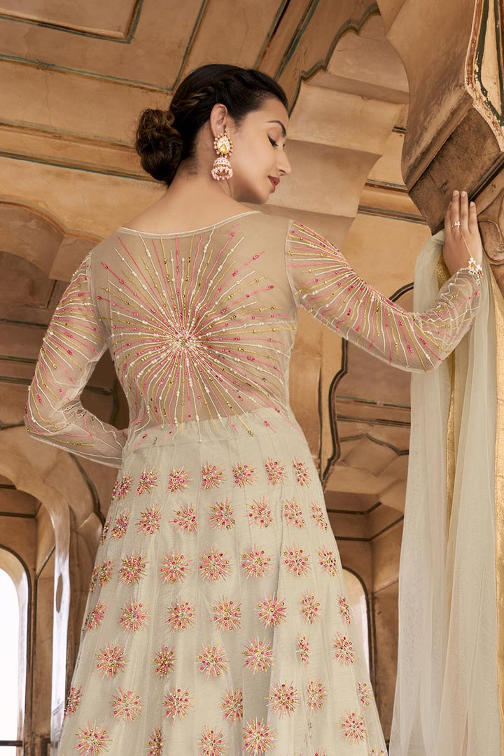 Striking Embroidered Beige Color Net Anarkali Salwar Suit