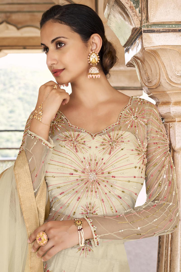Striking Embroidered Beige Color Net Anarkali Salwar Suit