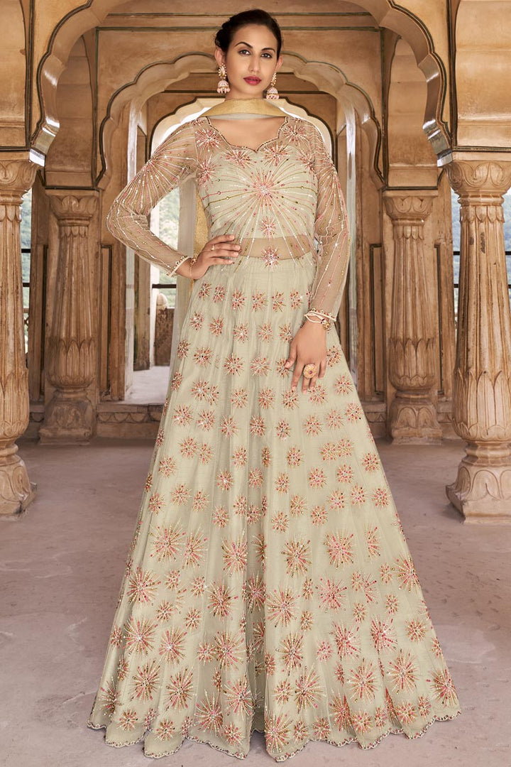 Striking Embroidered Beige Color Net Anarkali Salwar Suit