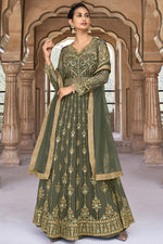 Load image into Gallery viewer, Net Stunning Mehendi Green Embroidered Anarkali Salwar Suit

