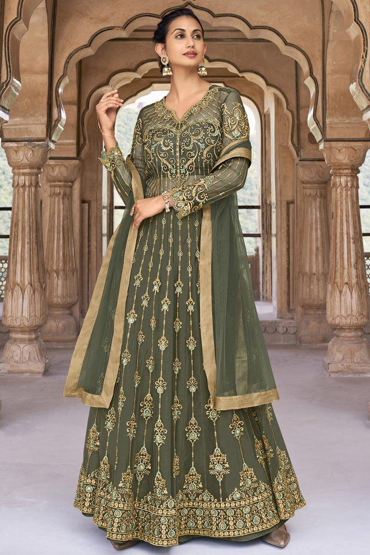 Net Stunning Mehendi Green Embroidered Anarkali Salwar Suit