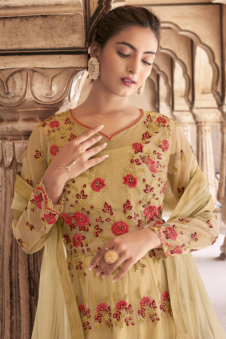 Embroidered Net Fabric Lovely Cream Color Anarkali Salwar Suit