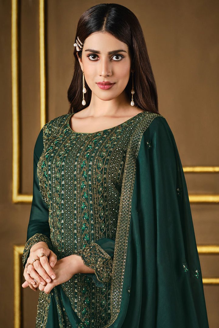 Fancy Fabric Party Look Glorious Salwar Suit In Dark Green Color