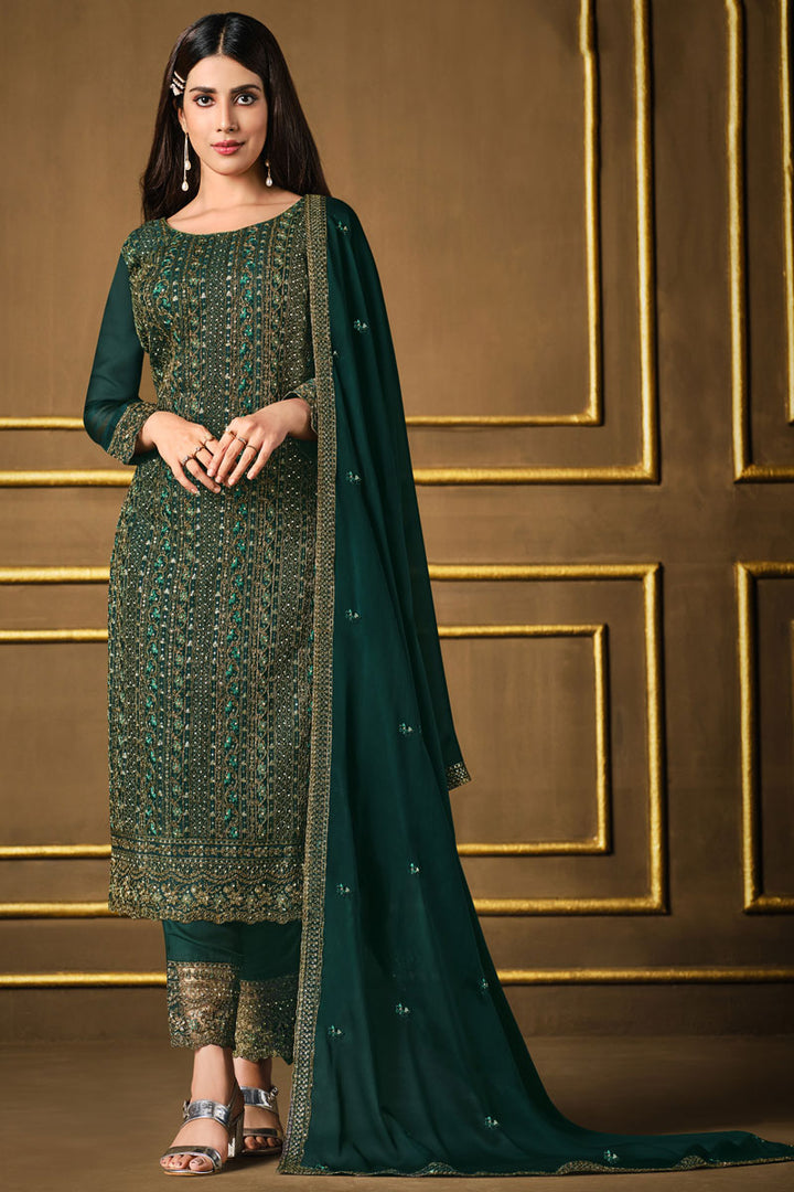 Fancy Fabric Party Look Glorious Salwar Suit In Dark Green Color