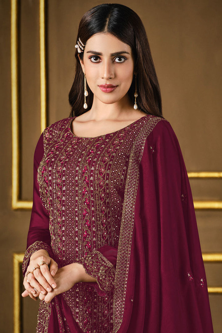 Party Look Fancy Fabric Maroon Color Luminous Salwar Suit