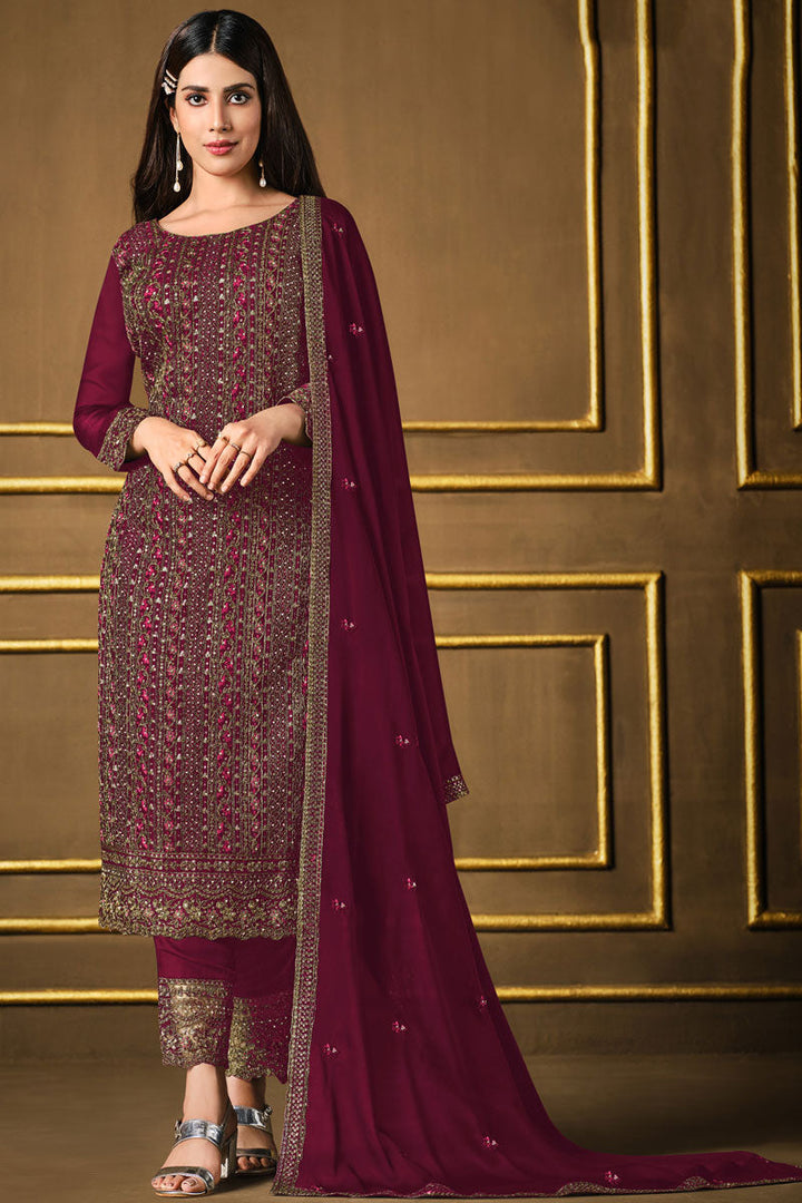 Party Look Fancy Fabric Maroon Color Luminous Salwar Suit