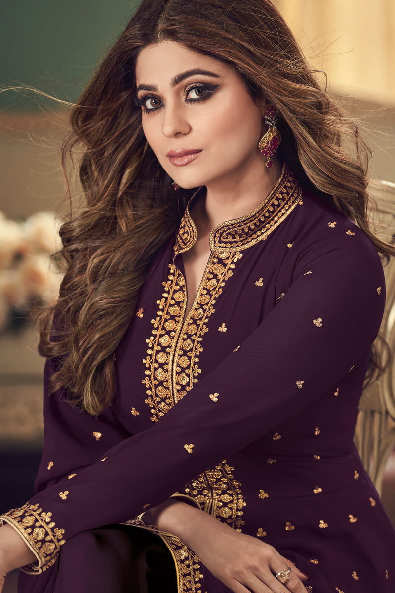 Shamita Shetty Purple Color Function Wear Embroidered Georgette Anarkali Suit