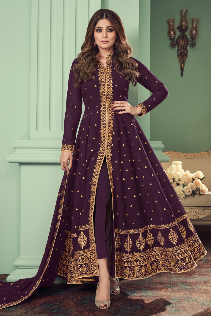 Shamita Shetty Purple Color Function Wear Embroidered Georgette Anarkali Suit
