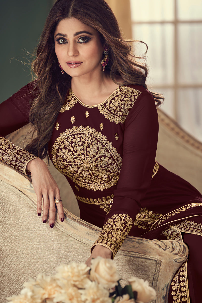 Shamita Shetty Maroon Color Function Wear Embroidered Georgette Anarkali Dress