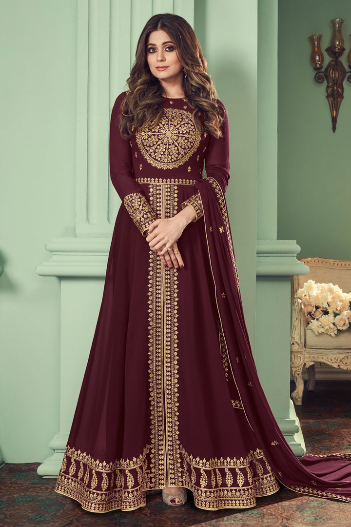Shamita Shetty Maroon Color Function Wear Embroidered Georgette Anarkali Dress