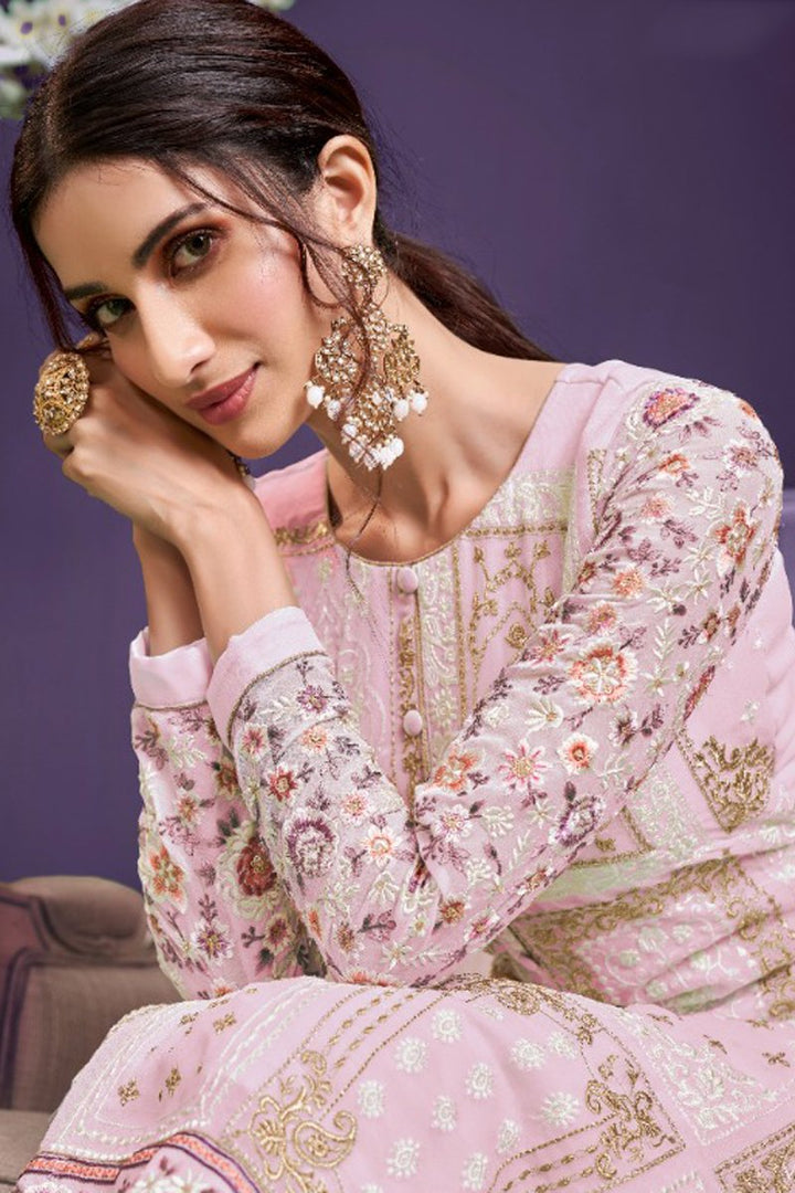 Georgette Fabric Wedding Wear Embroidered Designer Salwar Suit In Pink Color