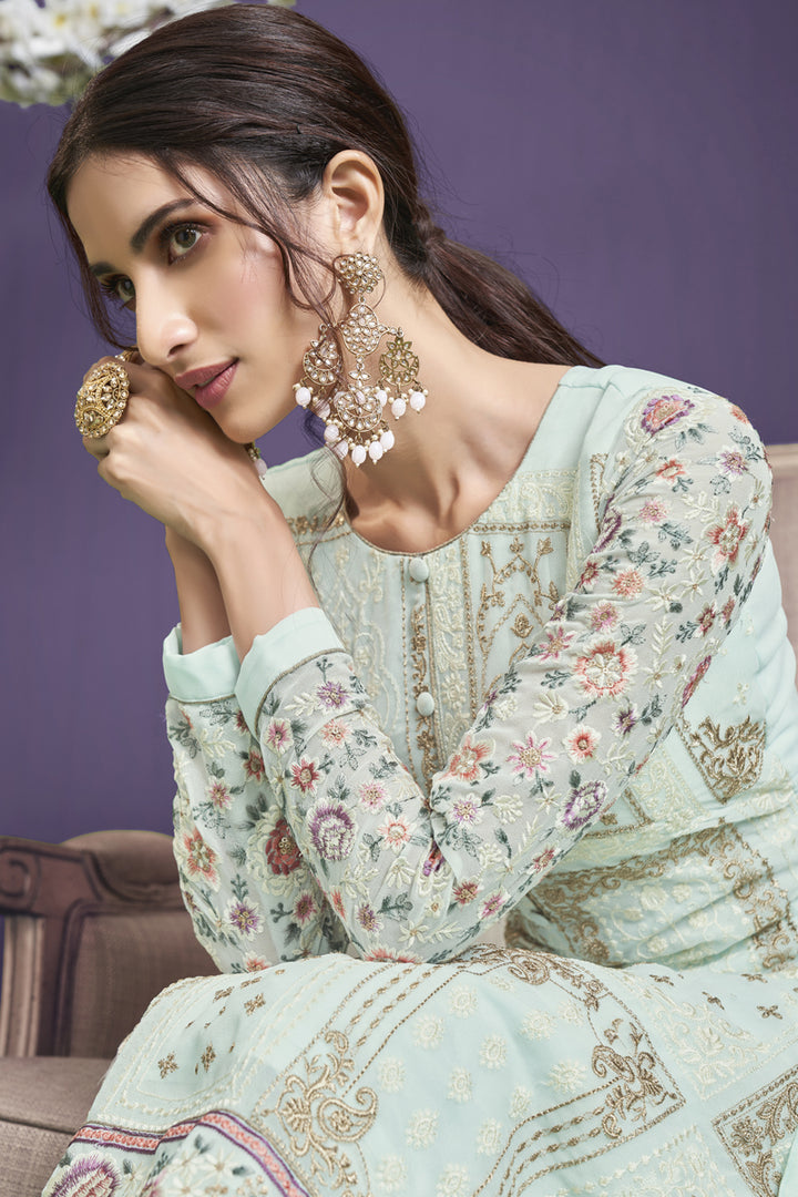 Reception Wear Georgette Fabric Sea Green Color Embroidered Designer Salwar Suit