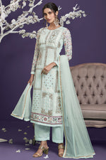 Load image into Gallery viewer, Reception Wear Georgette Fabric Sea Green Color Embroidered Designer Salwar Suit
