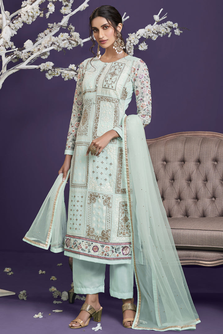 Reception Wear Georgette Fabric Sea Green Color Embroidered Designer Salwar Suit