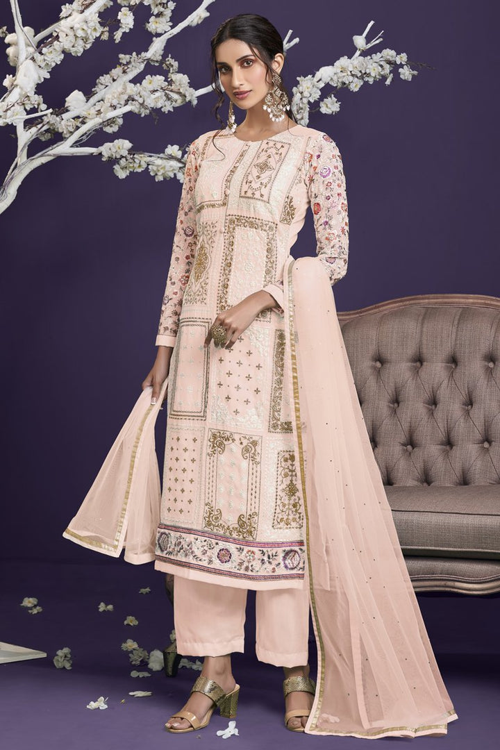 Peach Color Georgette Fabric Fancy Embroidered Function Wear Designer Salwar Suit