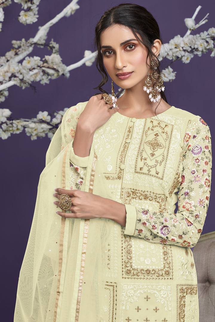 Georgette Fabric Embroidered Festive Wear Designer Salwar Suit In Yellow Color