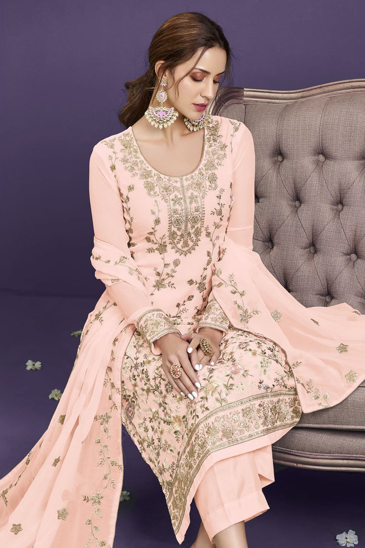 Peach Color Function Wear Embroidered Georgette Fabric Designer Salwar Suit