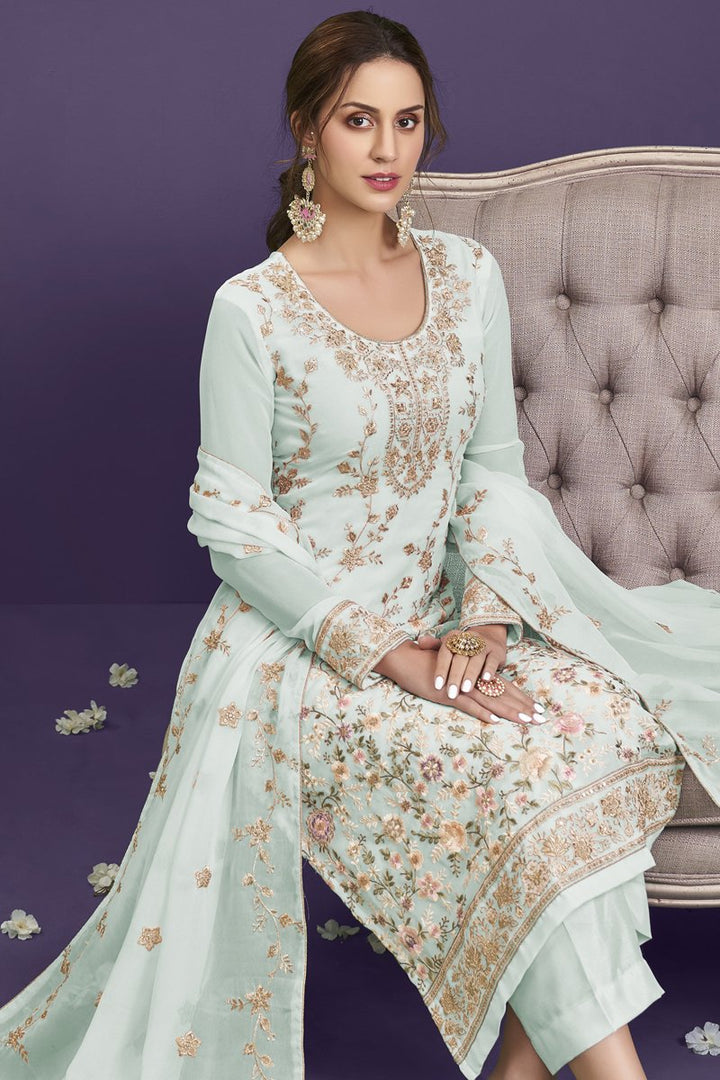 Georgette Fabric Party Wear Sea Green Color Embroidered Designer Salwar Suit